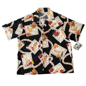 Hawaiian Pin-Up Hula Girl Men’s Lei Floral Print Short Sleeve Vintage Button Up